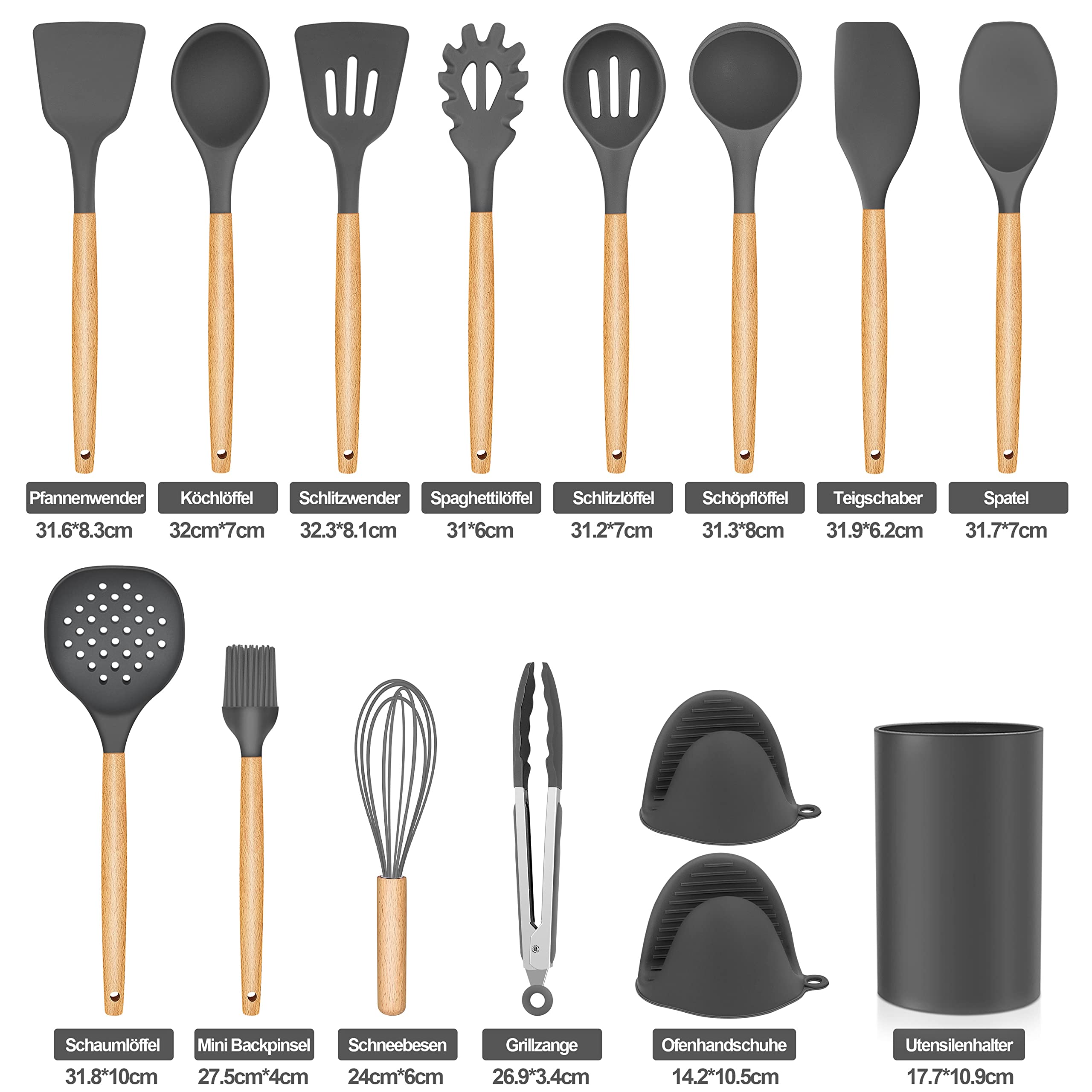 homikit-kitchen-gadgets-kochbesteck-set-15-teilig-grau-holzgriff image 2