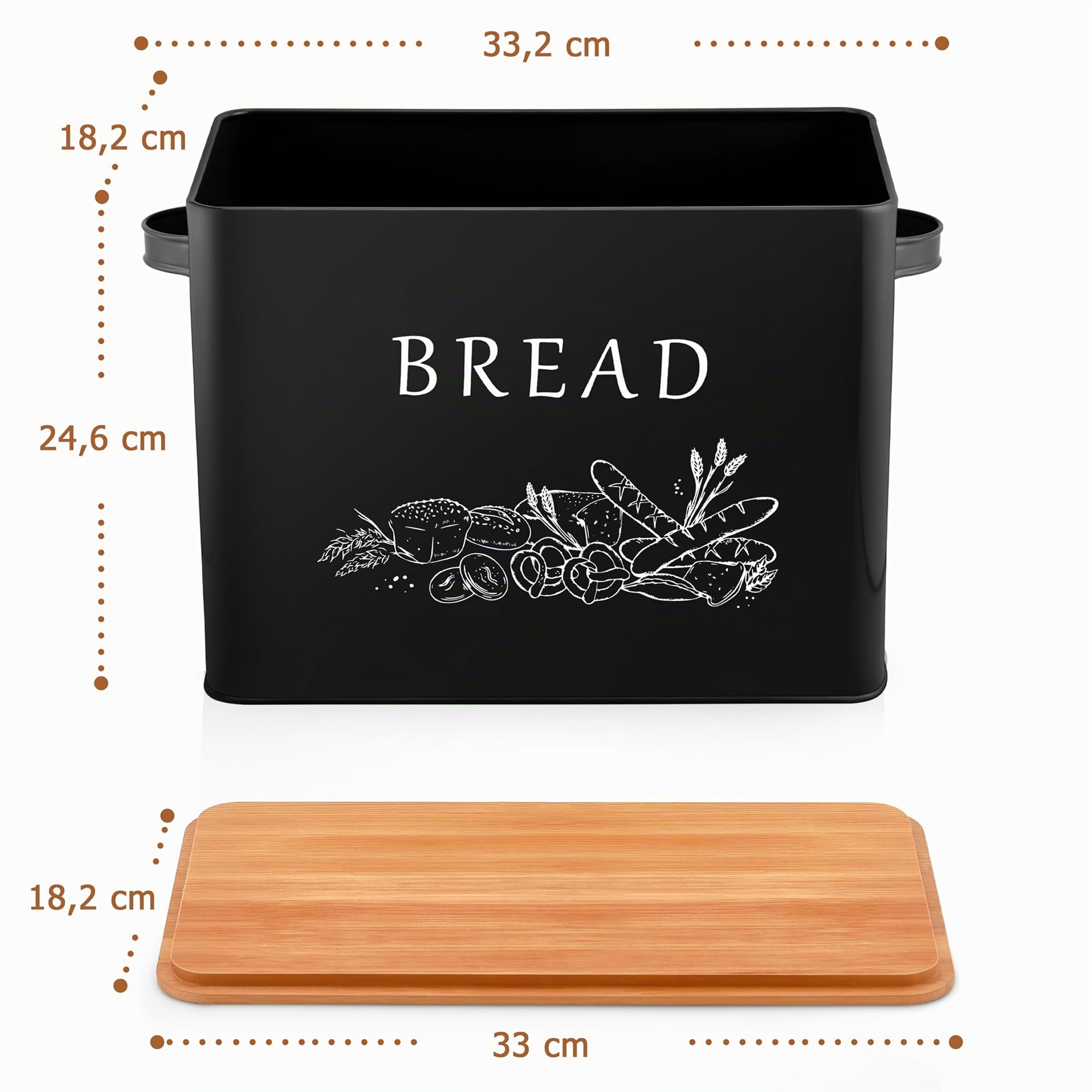 homikit-brotkasten-metall-schwarz-mit-holzdeckel-schneidebrett image 2