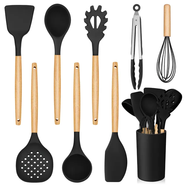 homikit-k-chenhelfer-set-silikon-9-teilig-schwarz-holzgriff image 1