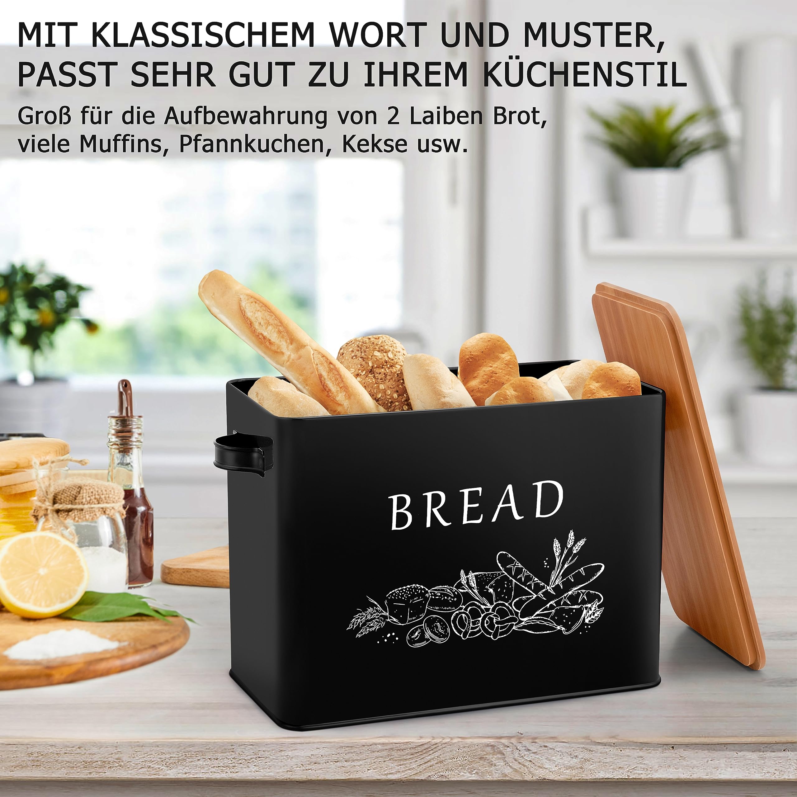 homikit-brotkasten-metall-schwarz-mit-holzdeckel-schneidebrett image 5