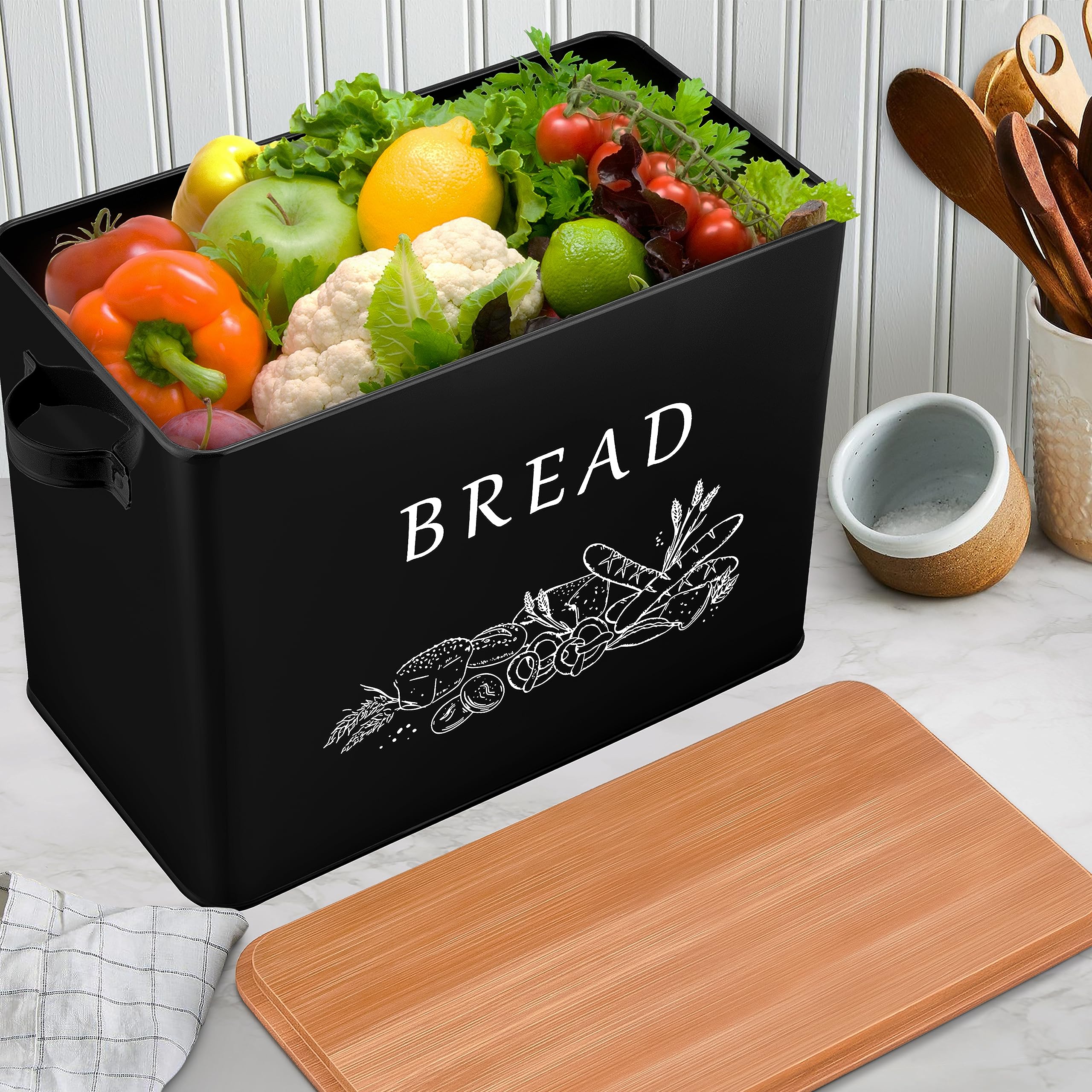 homikit-brotkasten-metall-schwarz-mit-holzdeckel-schneidebrett image 6