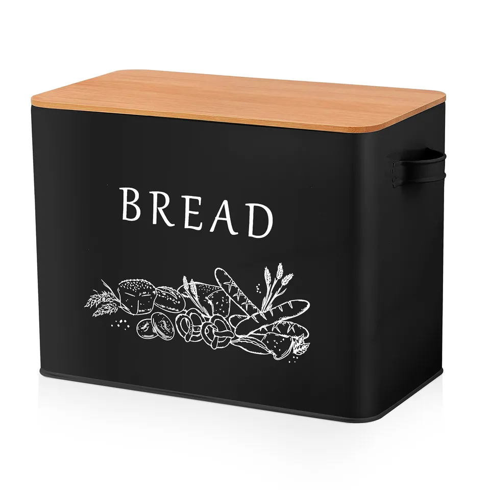 homikit-brotkasten-metall-schwarz-mit-holzdeckel-schneidebrett image 1