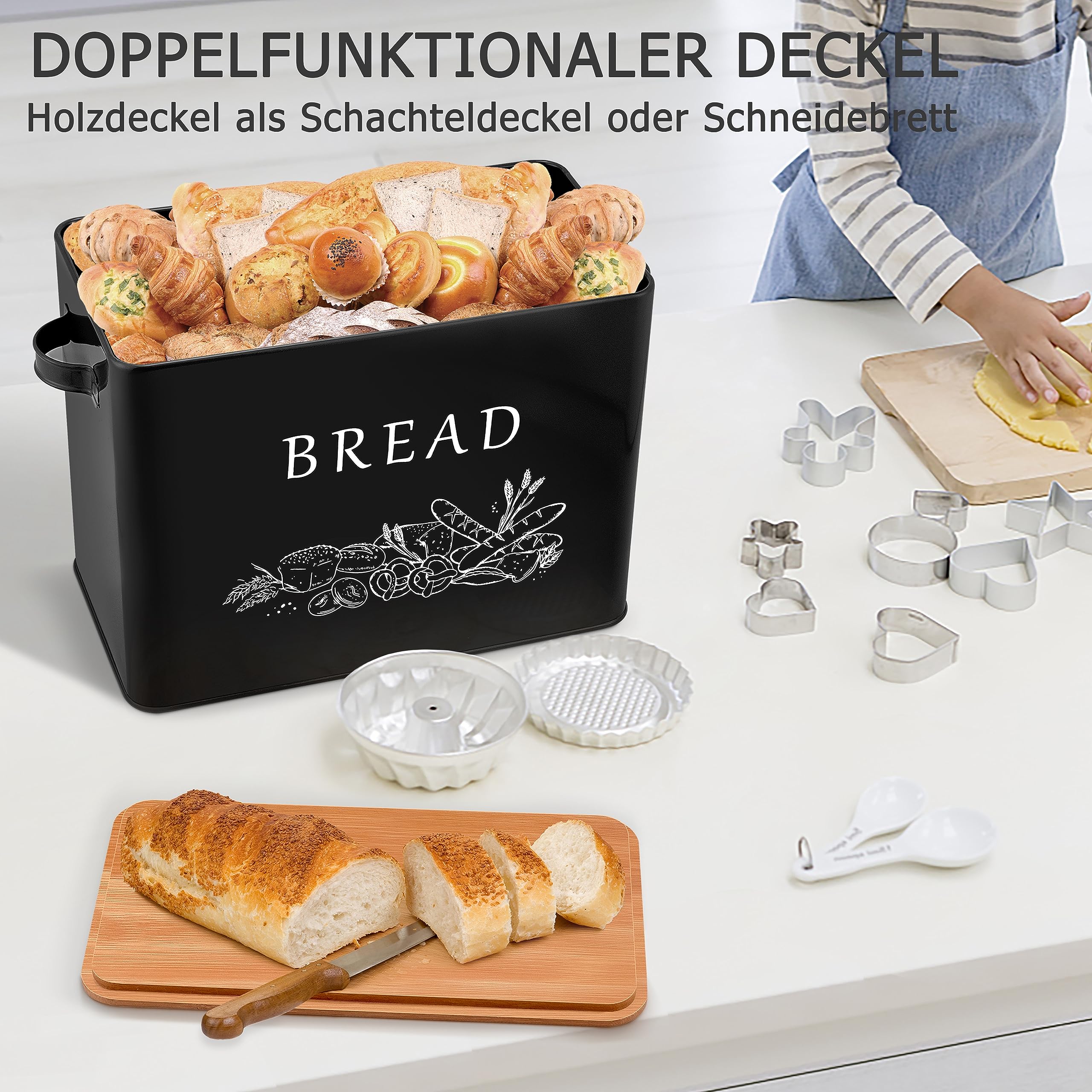 homikit-brotkasten-metall-schwarz-mit-holzdeckel-schneidebrett image 4