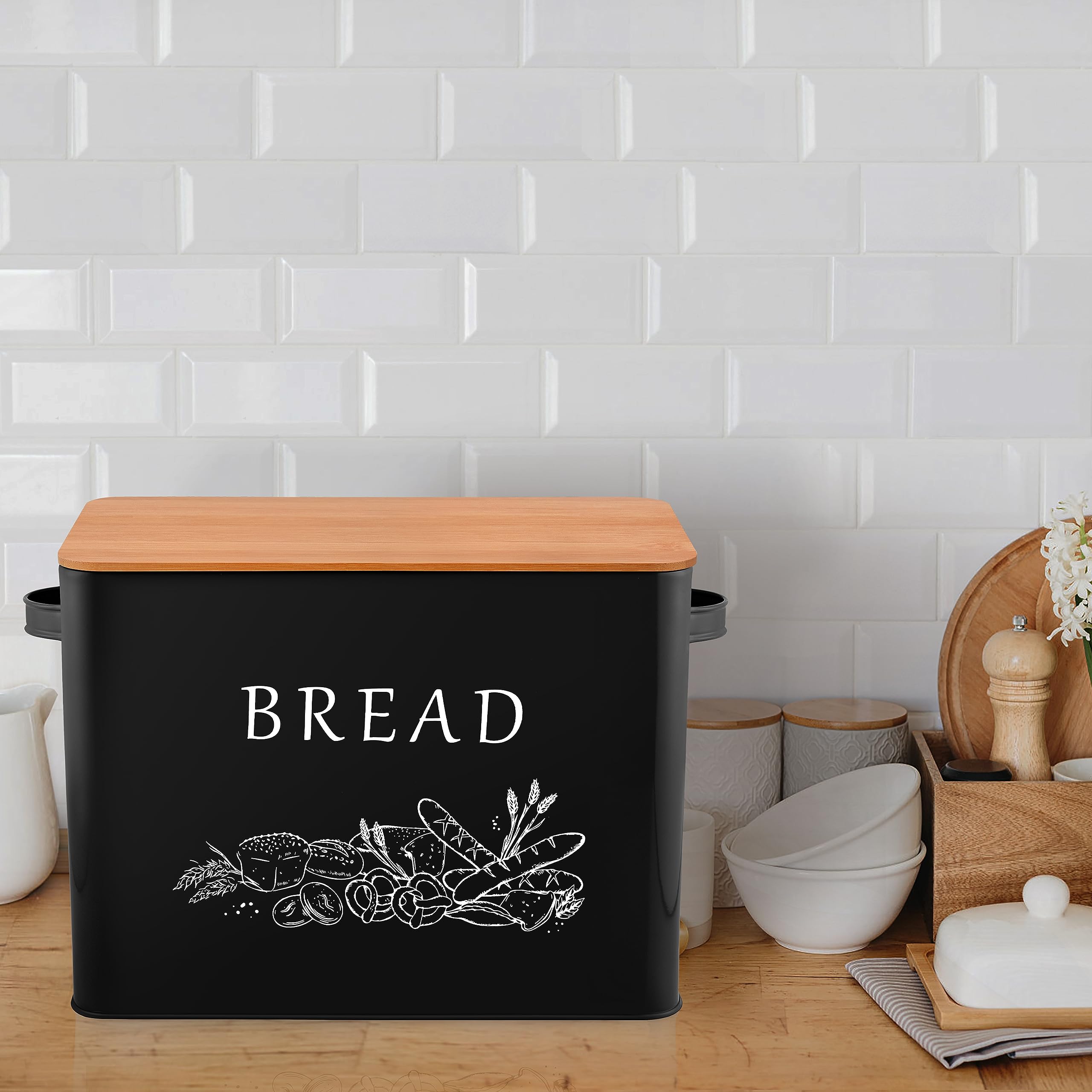 homikit-brotkasten-metall-schwarz-mit-holzdeckel-schneidebrett image 7