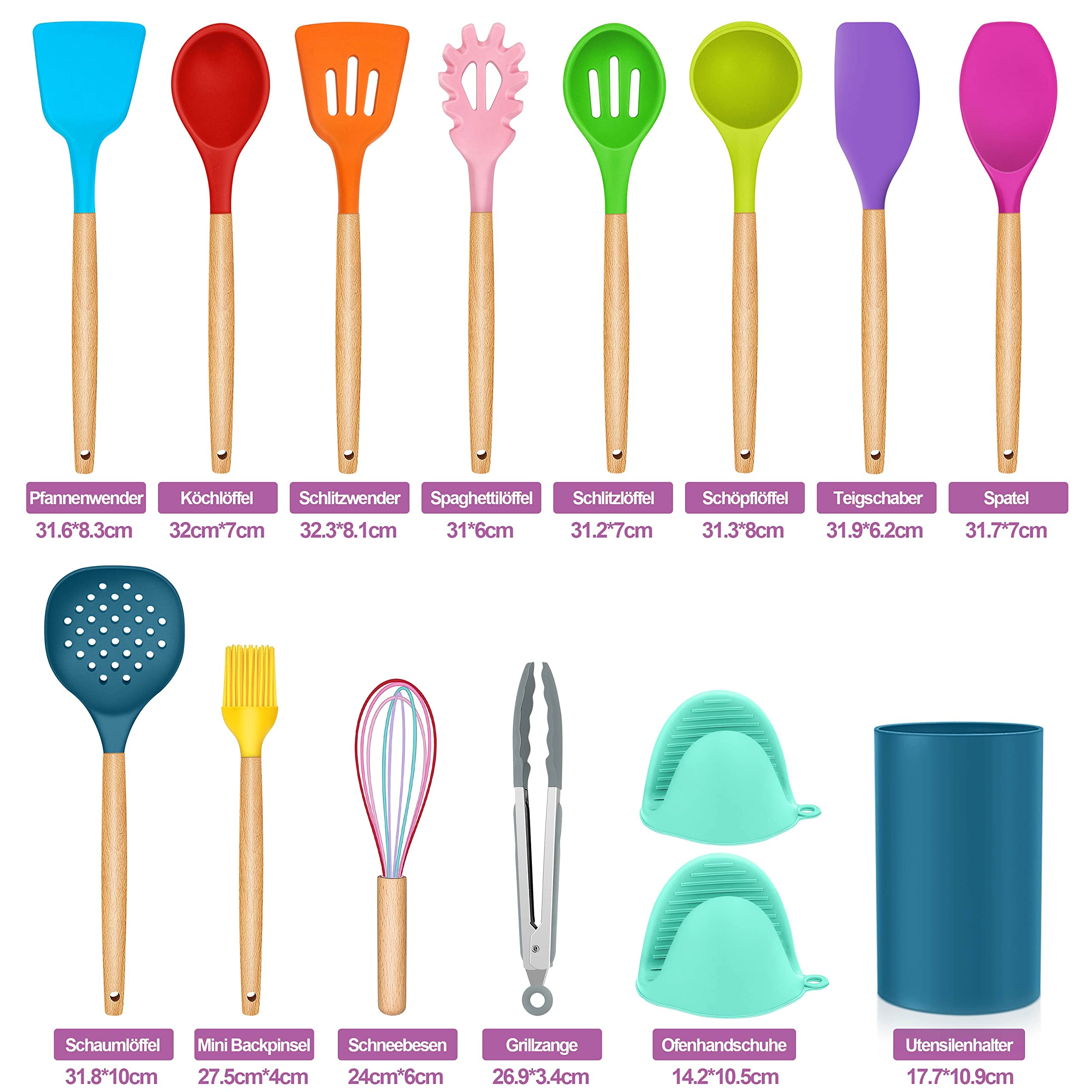 homikit-kitchen-gadgets-kochbesteck-set-15-teilig-bunt-holzgriff image 2