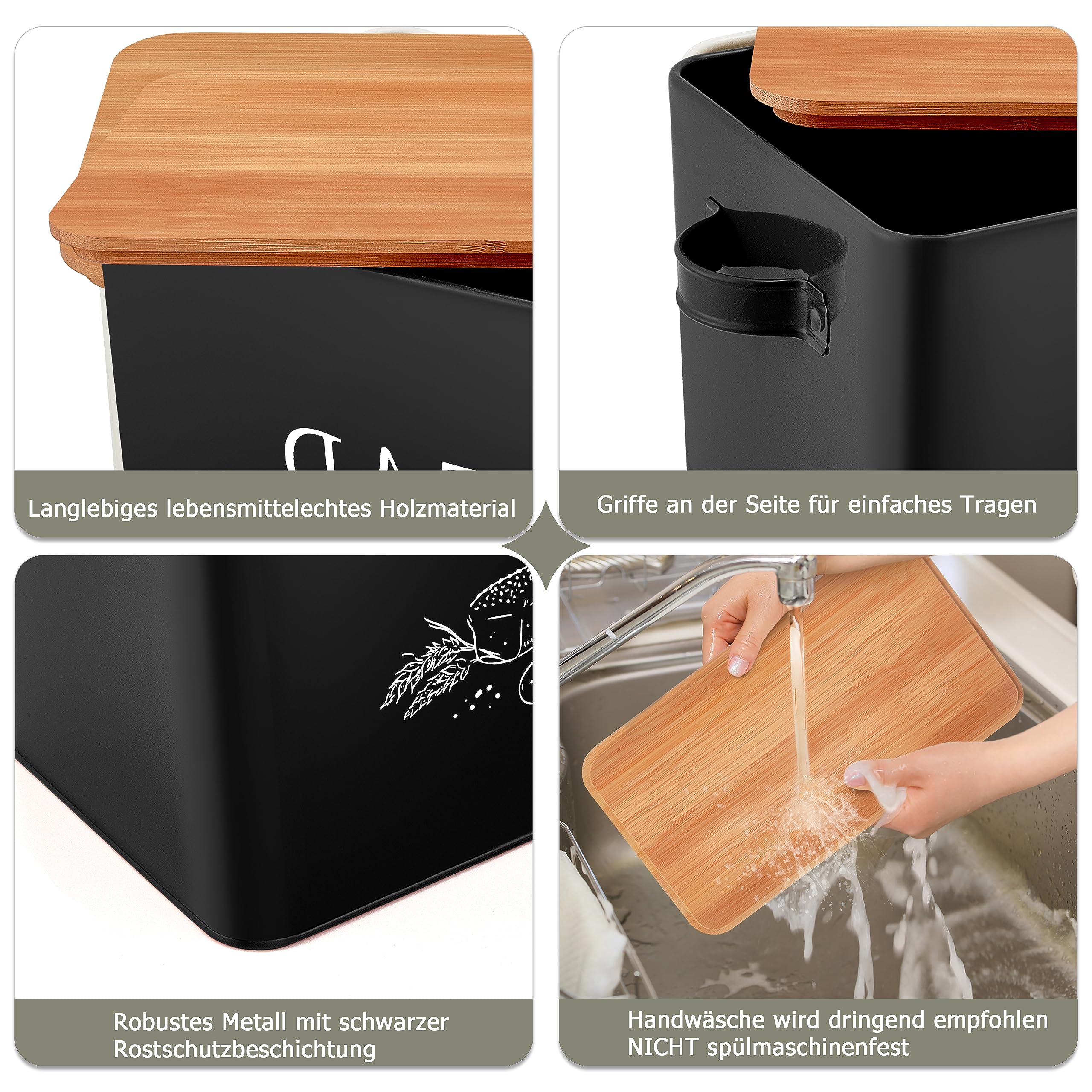 homikit-brotkasten-metall-schwarz-mit-holzdeckel-schneidebrett image 3