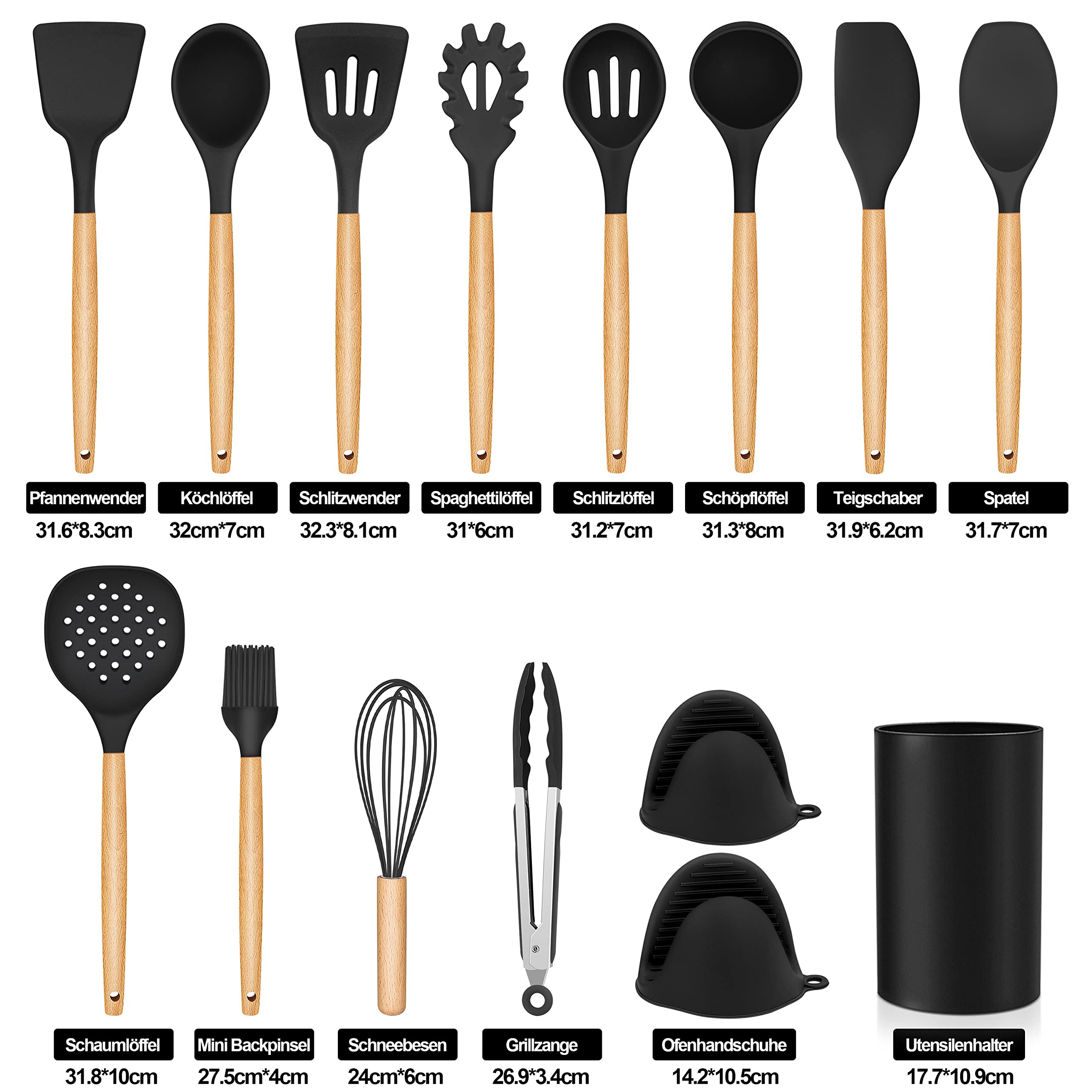 homikit-kitchen-gadgets-kochbesteck-set-15-teilig-schwarz-holzgriff image 2