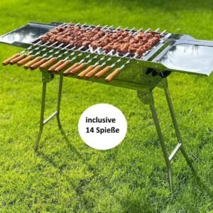 Holzkohlegrill Mangal Schaschlikgrill inkl.14 Spieße aus Edelstahl mit Holzgriff